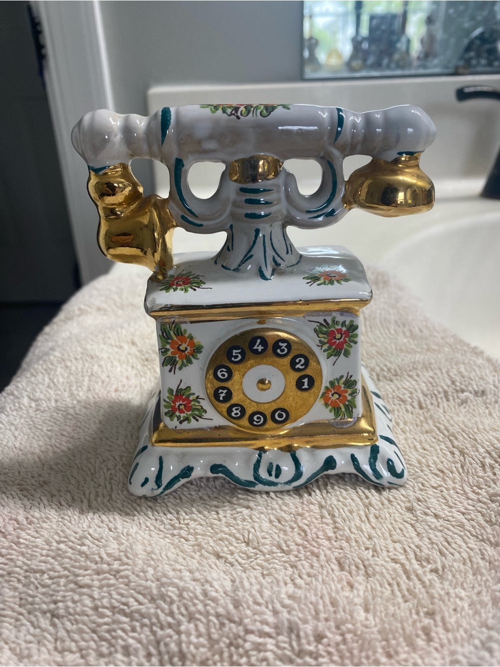 Porcelain Decorative Vintage-Style Telephone Figurine - White & Gold Floral